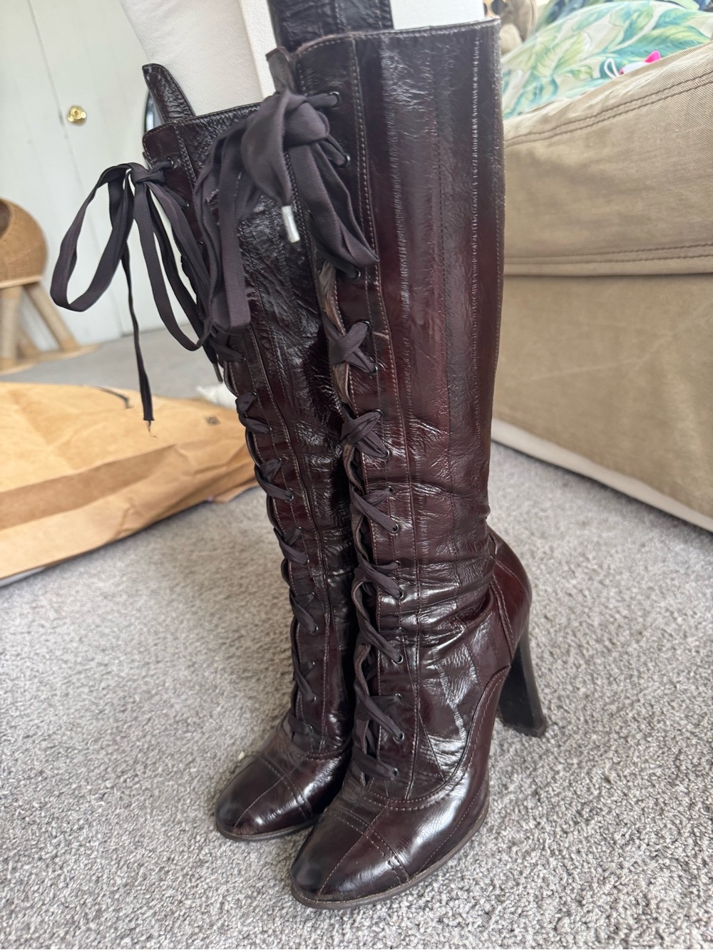 Burberry Dark Brown Lace-Up Knee-High Heeled Boots - Picture 2 of 6